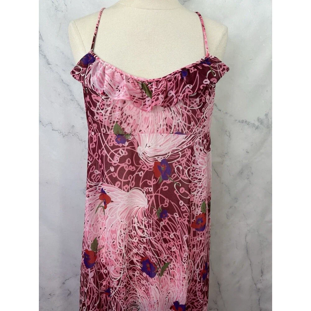 Vintage Vanity Fair Mod Slip Dress 38 L Retro Pink Floral Nylon Whimsical Ruffle - Picture 8 of 13
